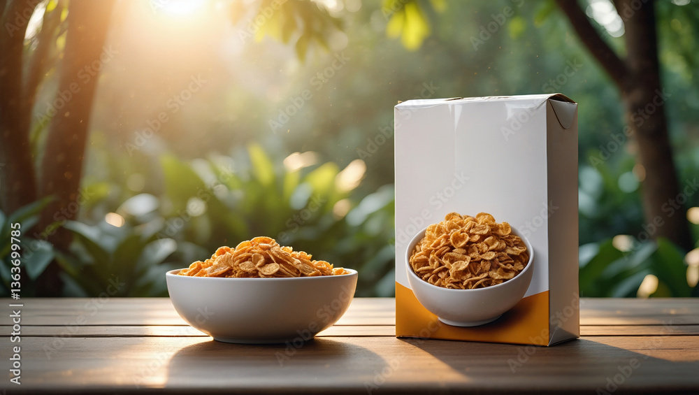Poster a bowl of nuts placed on a wooden table, with a box of nuts in the background, surrounded by greener