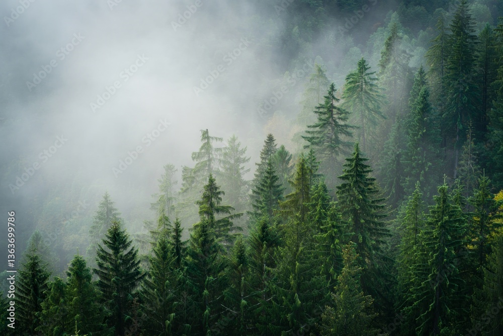 Poster a dense forest with tall green trees, shrouded in mist or fog. the scene has a serene and somewhat m