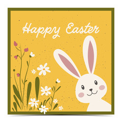 Happy Easter - vibrant Easter greeting card, cover, poster, label, flyer, banner with a cute bunny and colorful spring flowers on yellow background, vector illustration