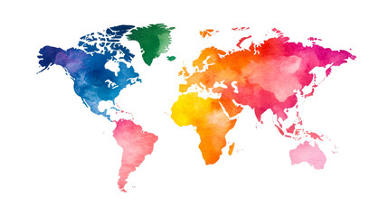 Watercolor continents world map painting artistic vibrant, cut out transparent