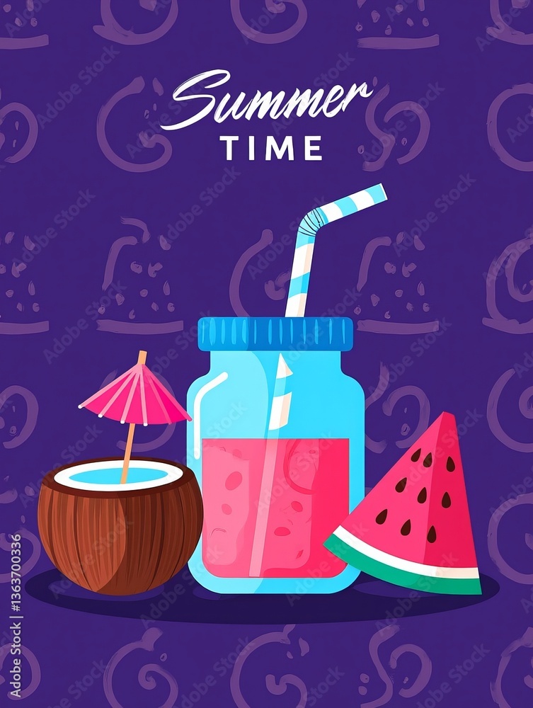 Poster a vibrant purple background with a collection of summer-themed items such as a watermelon slice, a c