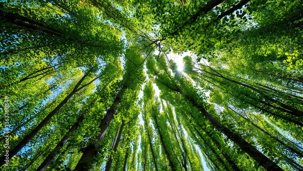 Aufkleber a forest with tall trees and sunlight filtering through the canopy, creating a beautiful and serene atmosphere.