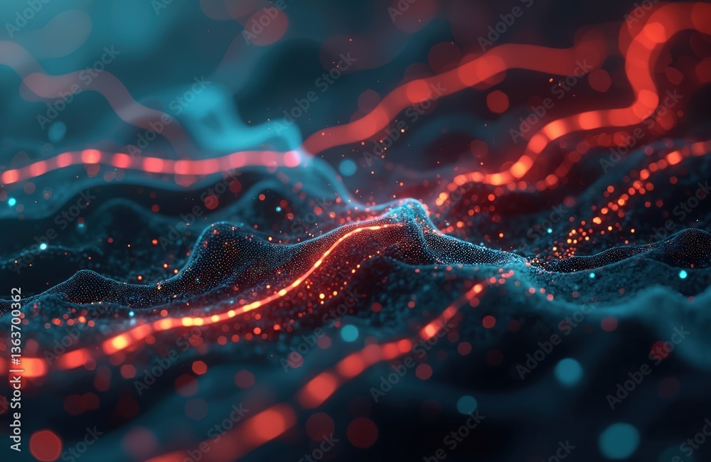 Poster Abstract digital network data flow with bright glowing lines. Modern tech design, connection concept, cyber communication, data transfer, innovative tech background. Future technology, cyberspace,