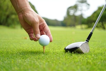 a person's hand preparing to tee off a golf ball with a golf club on a grassy surface.