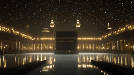 Fototapeta premium Majestic nighttime view of the Kaaba in Mecca, illuminated against a starlit sky