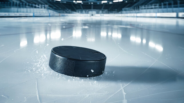 Puck and ice hockey stick on the scratches surface  at background ice arena