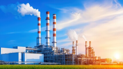 Obraz premium Industrial power plant with smoke stacks and blue sky