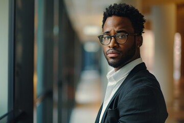 Obraz premium Portrait of a confident black man in office hallway