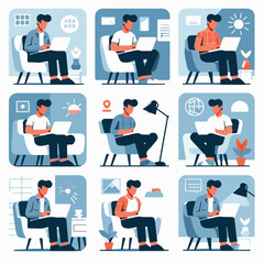 vector young man playing laptop 