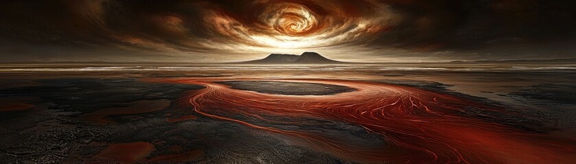 Obraz premium Dramatic red river landscape, apocalyptic sky, possible use for abstract art print