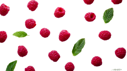Fresh raspberries and leaves pattern on black background, cut out transparent