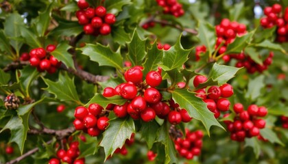 Obraz premium A close-up of holly branches adorned with bright red berries and glossy green leaves.