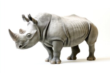 Fototapeta premium Standing Rhinoceros with Large Horn on White Background Wildlife Animal