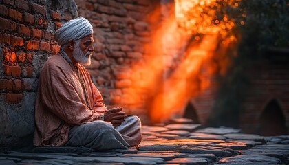 Elderly man meditates ancient city sunset