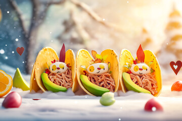 Pastel pork carnitas tacos with asymmetrical layout