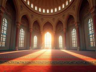 Sunlit interior of a grand mosque with arched windows and intricate designs
