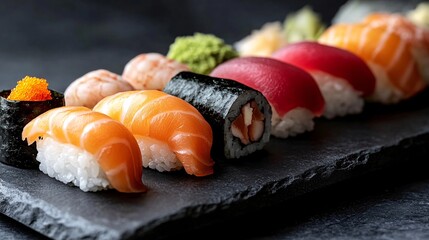 Colorful assortment of fresh sushi, including salmon and tuna nigiri, on a dark plate.