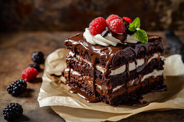 Rustic Chocolate Cake Layered Dessert with Whipped Cream