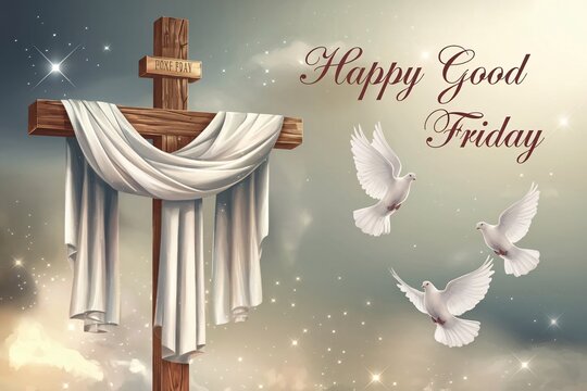 Serene image celebrating Good Friday with a wooden cross draped in white cloth and doves flying in a bright sky with lettering.