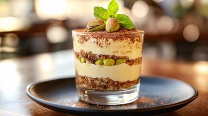 Tempting pistachio tiramisu served in a glass, topped with fresh mint leaves and pistachio nuts.