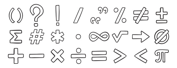 math symbols doodle hand drawn icon set. Outline drawing line clipart symbol collection