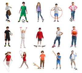 Cute children with different sports equipment on white background, collage