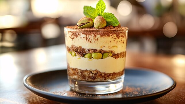 Tempting pistachio tiramisu served in a glass, topped with fresh mint leaves and pistachio nuts.