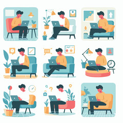 vector young man playing laptop 