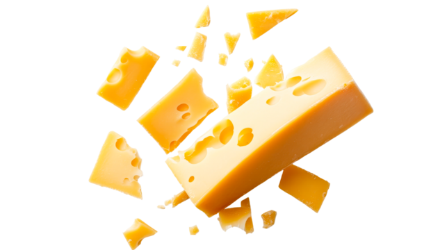 Swiss cheese block and pieces, dairy product, gourmet, cut out transparent