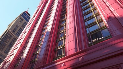 Fototapeta premium Modern pink skyscraper facade, urban city background, architectural design, for use in commercial print, digital design