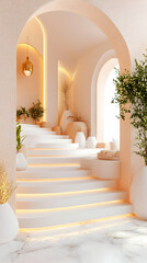 Serene, softly lit staircase in a minimalist, arched hallway with plants