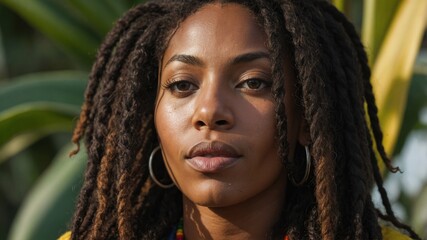 Portrait of a woman with dreadlocks, celebrating International Reggae Day.