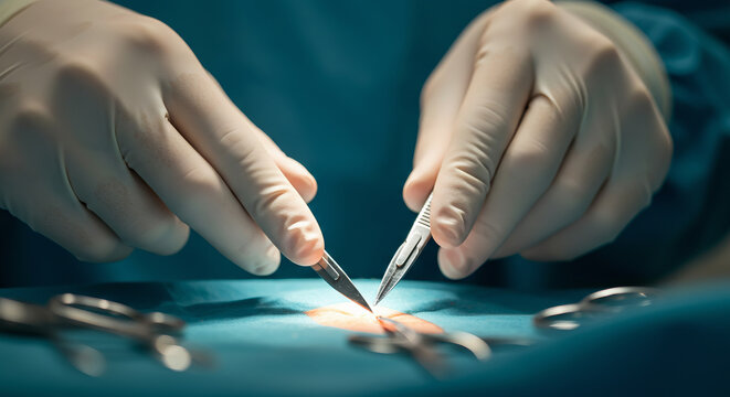 hands of a doctor (Gloved hands of a surgeon holding a scalpel)