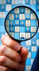 Hand holds magnifying glass over grid with candidate faces, for HR, recruitment, or talent search
