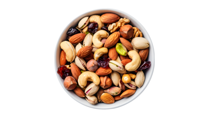 A bowl filled with assorted nuts and dried fruits perfect for healthy snacking and culinary us