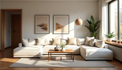Fototapeta premium Stylish Living Room Interior with Modular White Sofa and Wooden Furniture