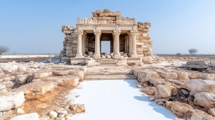 Obraz premium Ancient stone structure, likely a temple, in ruins, with a paved area in front