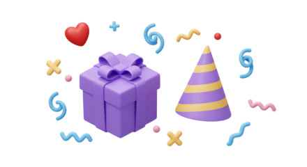 3D Open gift box with party confetti. Birthday surprise. Decorative festive object. Celebration present with stars and ribbon. Cartoon creative design icon isolated on white background. 3D Rendering