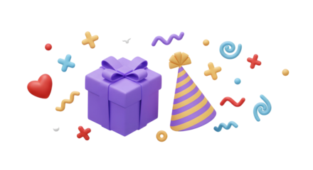 3D Open gift box with party confetti. Birthday surprise. Decorative festive object. Celebration present with stars and ribbon. Cartoon creative design icon isolated on white background. 3D Rendering