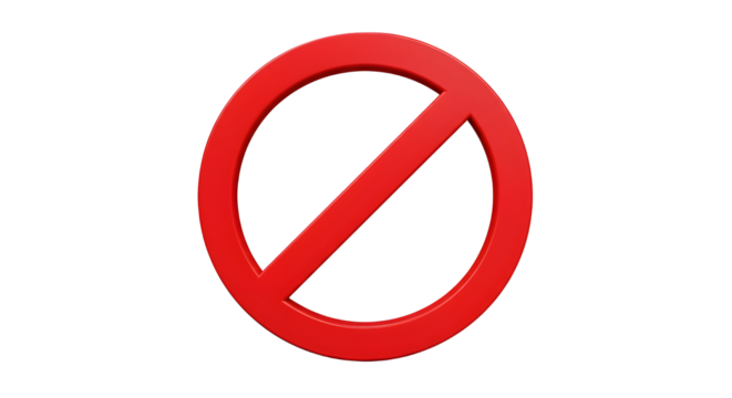 3D Forbidden sign with red crossed circle. Problem and fail. Ban in social network. Block payment. No entry symbol. Alert notification. Cartoon design icon isolated on white background. 3D Rendering