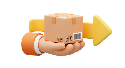 3D Return of parcel or order to courier. Deliveryman hand holding cardboard box. Fast delivery concept. Return with arrow back. Cartoon creative design icon isolated on white background. 3D Rendering