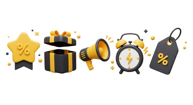 3D Black Friday sale set icon. Shopping promotion and discount. Megaphone, price tag, gift box and alarm clock with flash. Cartoon creative design icon isolated on white background. 3D Rendering