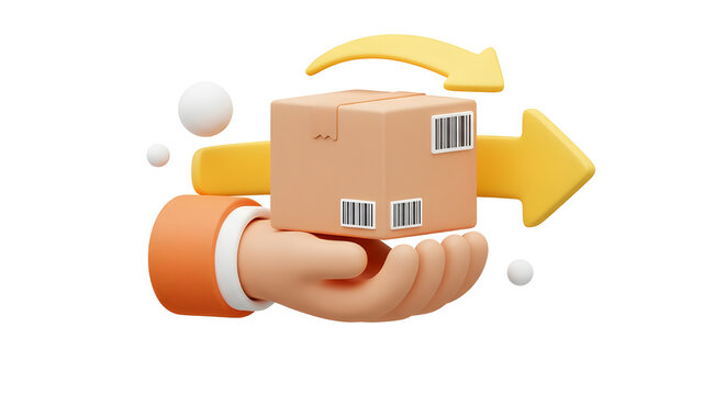 3D Return of parcel or order to courier. Deliveryman hand holding cardboard box. Fast delivery concept. Return with arrow back. Cartoon creative design icon isolated on white background. 3D Rendering