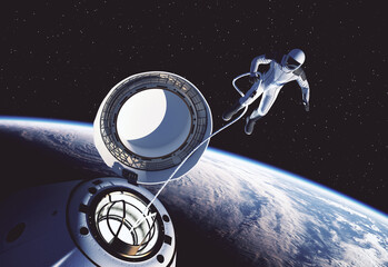 Astronaut spacewalk from private spacecraft capsule. 3D illustration.
