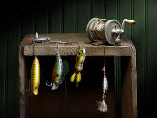Old fishing lures and reel on old wooden box.
