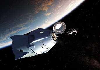 An astronaut walks into outer space from a private spacecraft capsule orbiting the Earth. 3D illustration.