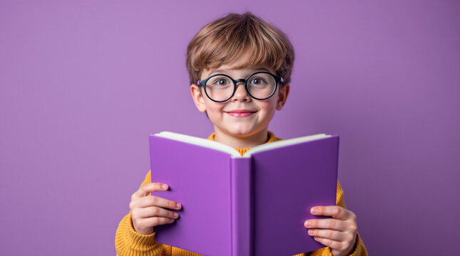 Ni&ntilde;o sonriente leyendo un libro sobre un fondo morado