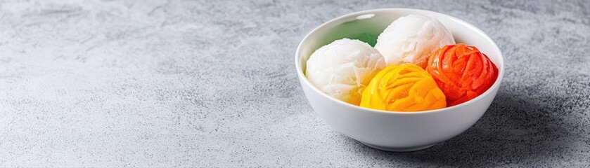 Colorful ice cream scoops in a white bowl