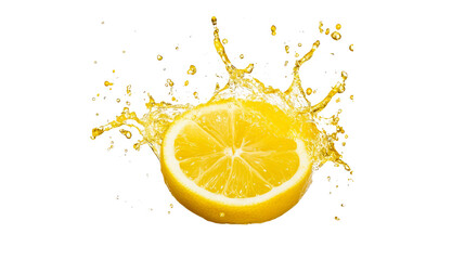 Lemon slice splashes juicy, fresh burst, refreshing fruit, cut out transparent