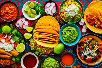 Typical Mexican food with colorful textile backdrop